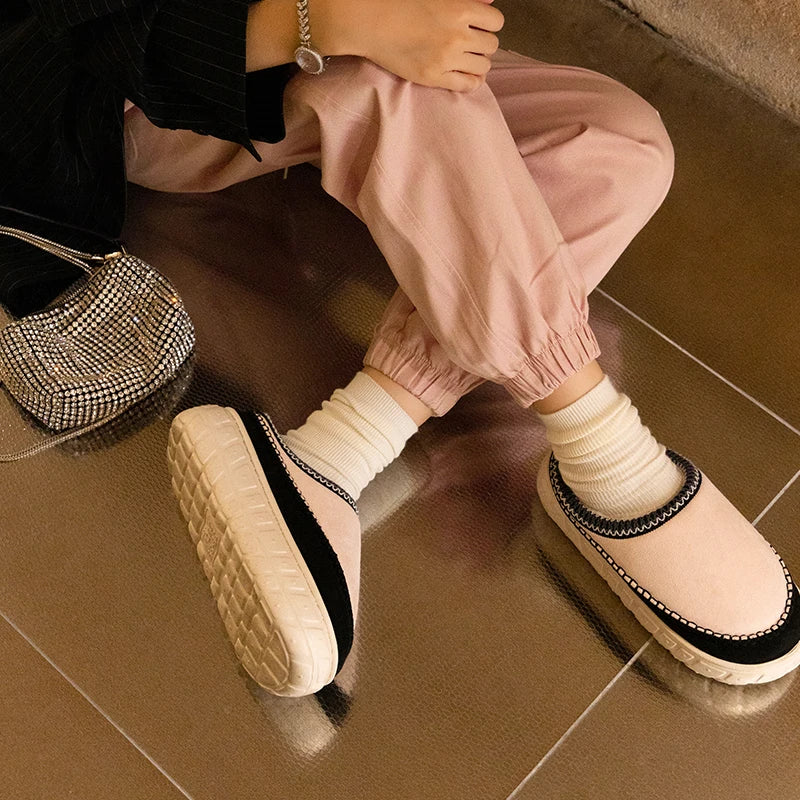 2024 Winter Warm Home Fur Slippers Women Luxury Faux Suede Plush Couple Cotton Shoes Indoor Bedroom Flat Heels Fluffy Slippers