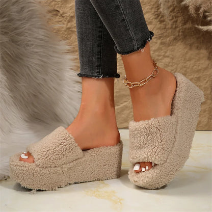 Autumn Winter Wedge Fluffy Slippers Woman 2024 New Home Fur Slippers for Women Chunky Platform Slides Cozy Fuzzy Indoor Shoes