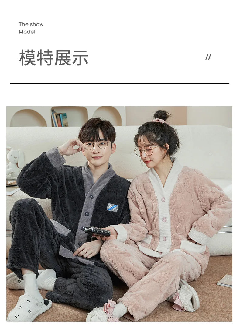 Couple Pajamas Set Autumn Winter Flannel Long Sleeve Zipper Long Plush Sleepwear Suit Men Nightcloth Thick Velvet Thermal Women