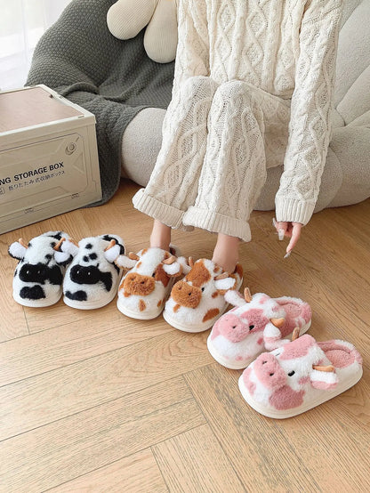 LItfun Fashion Winter Cotton Slippers Women Plush Lining House Slippers Lovely Milk Cow Women Slippers Fluffy Fuzzy Women Slides