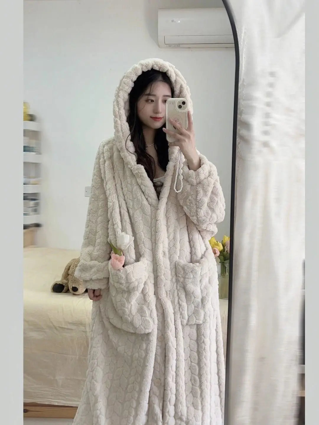 Pocket Robe for Women Sleepwear Winter Nightdress Night Wears Warm Fleece Pajama One Piece Nightgown Hooded Sleeping Homewear