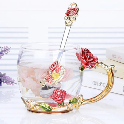 Enamel Transparent Glass Coffee Tea Mug Blue Roses Heat-Resistant Cup Set with Stainless Steel Spoon Coaster and Wipe Cloth