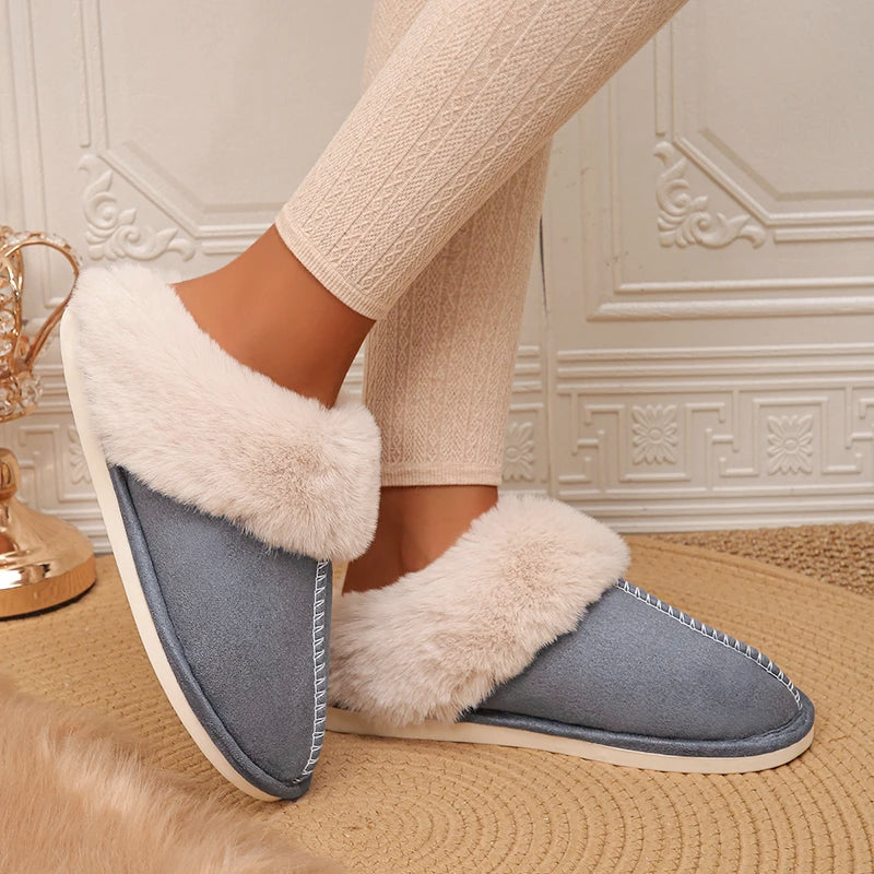 Closed Toe Warm Cotton Slippers Women Faux Fur Thicken Plush Winter Home Shoes Woman Lightweight Casual Indoor Slides Female