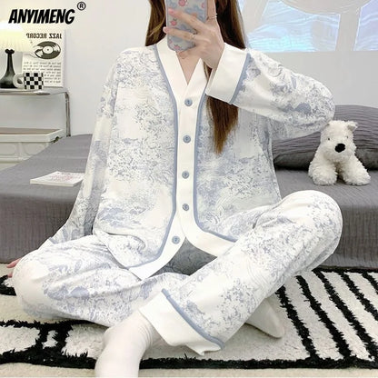 Autumn Spring New Blue Jungle Print Elegant Woman Pajamas Set Fashion Kimono Cardigan Sleepwear Faux Cotton Long Sleeves Pijamas