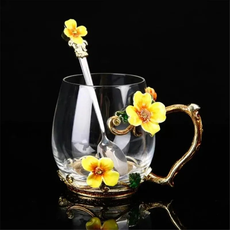 Hand-made Enamel Coffee Mug Crystal Cup Milk Lemon Flower Tea Cup High-grade Glass Drinkware Gift Couple Mug For Lover Wedding