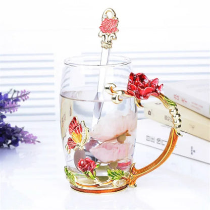 Enamel Transparent Glass Coffee Tea Mug Blue Roses Heat-Resistant Cup Set with Stainless Steel Spoon Coaster and Wipe Cloth