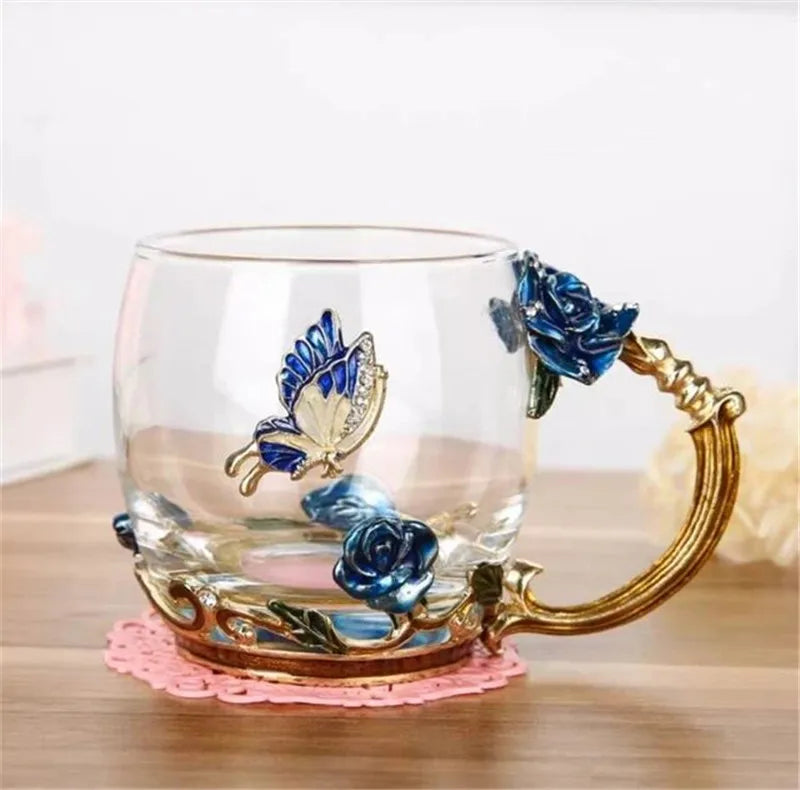 Hand-made Enamel Coffee Mug Crystal Cup Milk Lemon Flower Tea Cup High-grade Glass Drinkware Gift Couple Mug For Lover Wedding