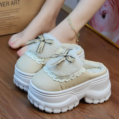 winter slippers women indoor/ outdoor fashion slides shoes with bowknot ladies chunky slippers