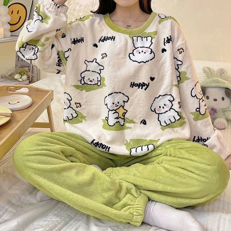 Winter Cute Duck Flannel Pajamas Set for Women Kawaiii Pattern Teddy Sleepwear for Girl Fashion Pullover Velvet Woman&