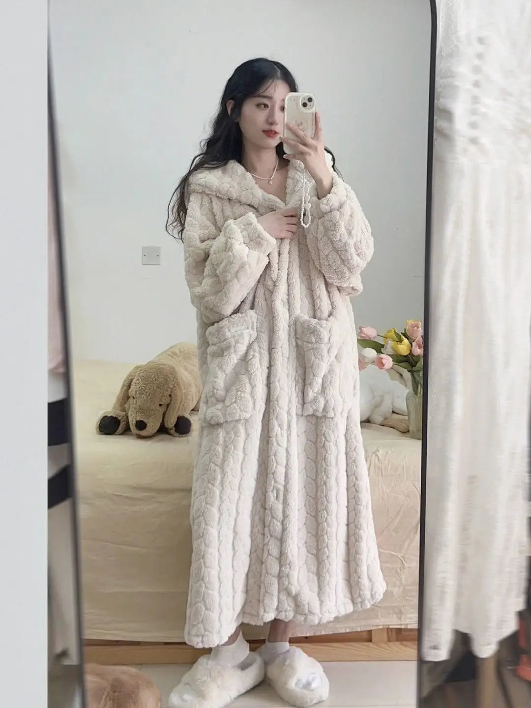 Pocket Robe for Women Sleepwear Winter Nightdress Night Wears Warm Fleece Pajama One Piece Nightgown Hooded Sleeping Homewear