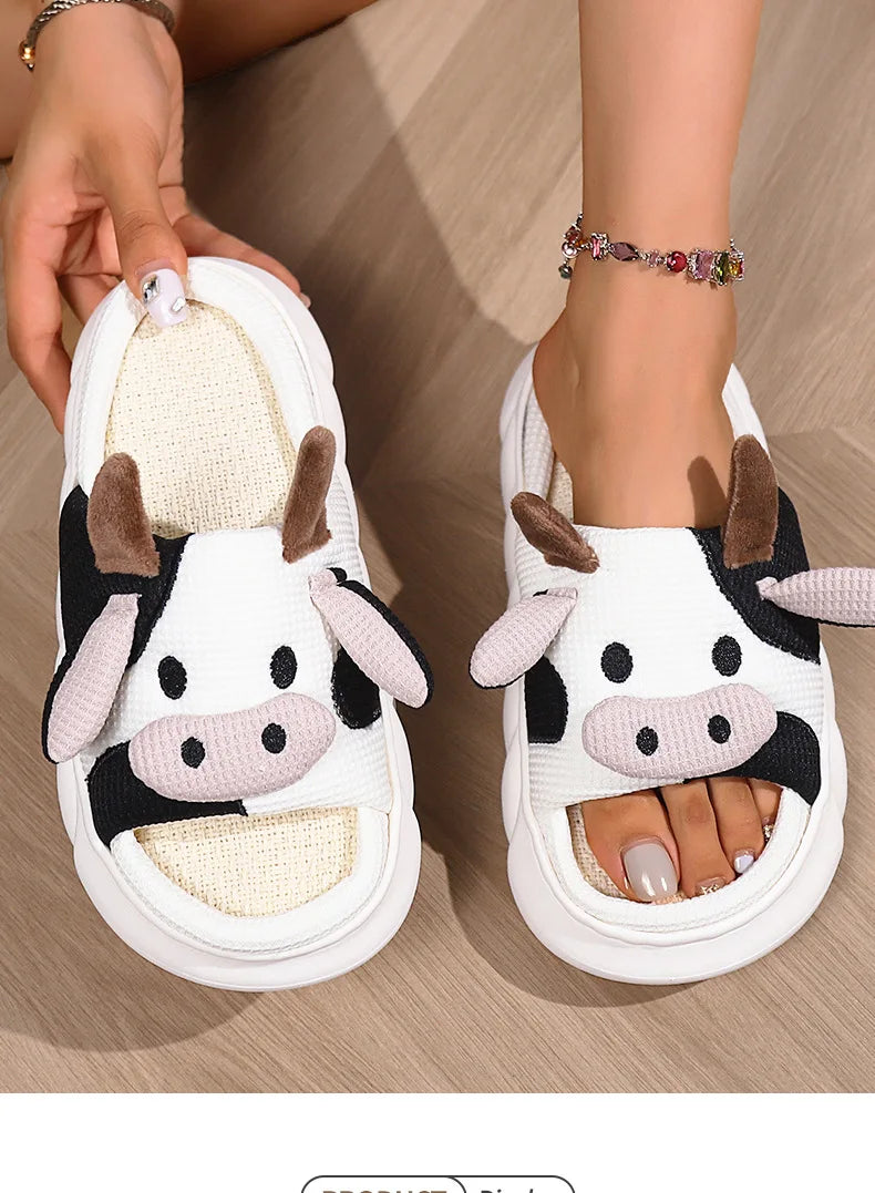 LItfun Fashion Winter Cotton Slippers Women Plush Lining House Slippers Lovely Milk Cow Women Slippers Fluffy Fuzzy Women Slides