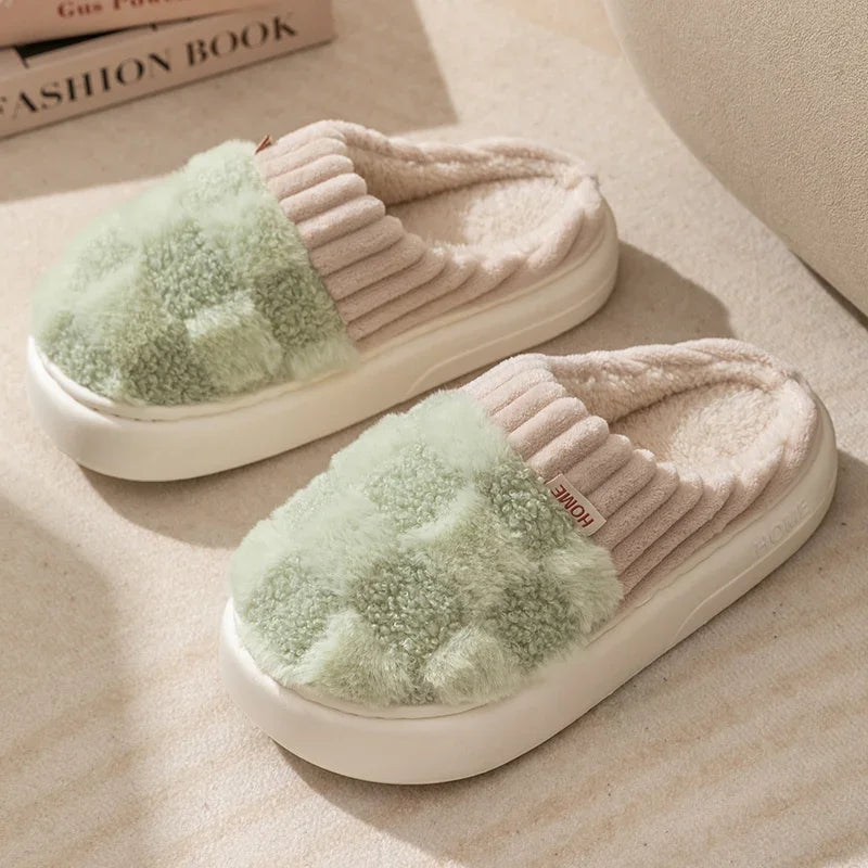 Autum Winter Plush Warm Women Cotton Slippers Casual Indoor Home Toe Wrap Cartoon Slides Men Anti Slip Thick Platform Soft Shoes