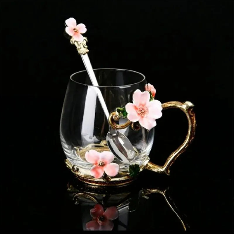 Hand-made Enamel Coffee Mug Crystal Cup Milk Lemon Flower Tea Cup High-grade Glass Drinkware Gift Couple Mug For Lover Wedding