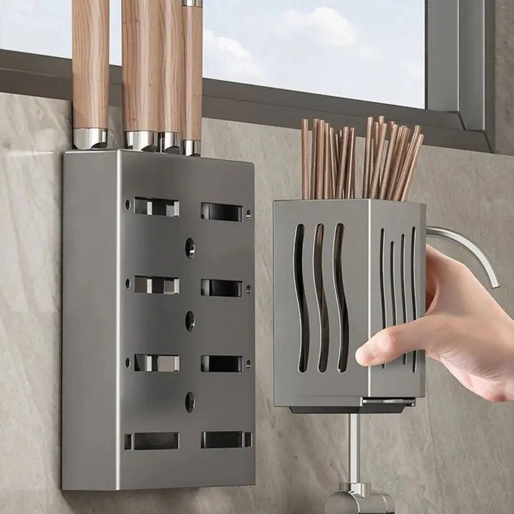 Multifunctional Kitchen Utensil Rack Wall-Mounted ABS Freestanding Cutlery Storage Box Punch Free Draining Chopstick Holder