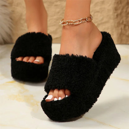 Autumn Winter Wedge Fluffy Slippers Woman 2024 New Home Fur Slippers for Women Chunky Platform Slides Cozy Fuzzy Indoor Shoes