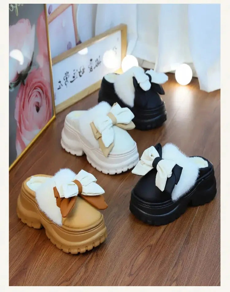 winter slippers women indoor/ outdoor fashion slides shoes with bowknot ladies chunky slippers