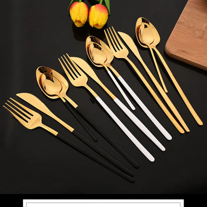 24Pcs Black Gold Cutlery Stainless Steel Dinnerware Set Spoon Fork Knife Western Cutleri Silverware Flatware Tableware Supplies