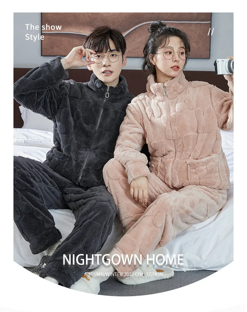 Couple Pajamas Set Autumn Winter Flannel Long Sleeve Zipper Long Plush Sleepwear Suit Men Nightcloth Thick Velvet Thermal Women