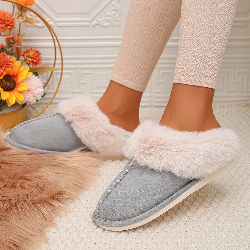 Closed Toe Warm Cotton Slippers Women Faux Fur Thicken Plush Winter Home Shoes Woman Lightweight Casual Indoor Slides Female