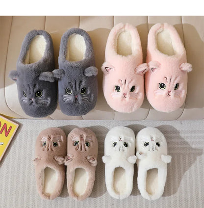 Cute Cat Slippers Fluffy Furry Women Home Platform Slippers Men Winter Plush Slides Indoor Fuzzy Slippers Lovely Cotton Shoes