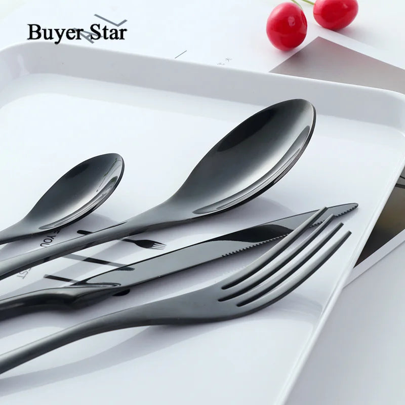 Buyer Star 4-Piece Black Cutlery Set Stainless Steel Gold Dinnerware Set Knife Fork Table Fork Black Tableware Set Drop Shipping