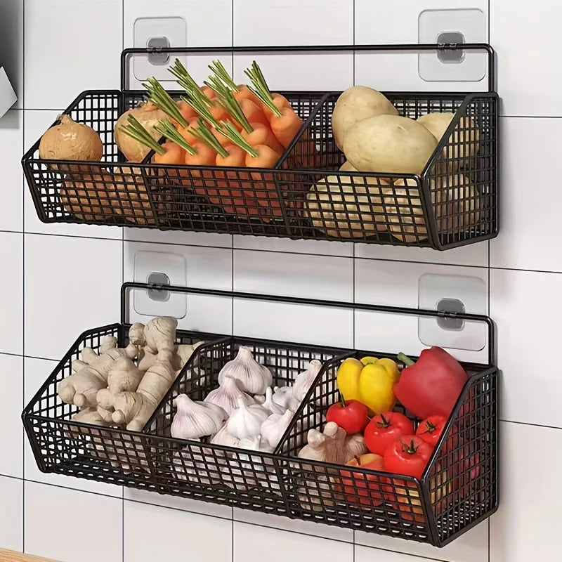 Wall Mounted Kitchen Storage Basket Suitable for Durable Metal Wire Storage of Spices, Garlic, Onions, and Vegetables