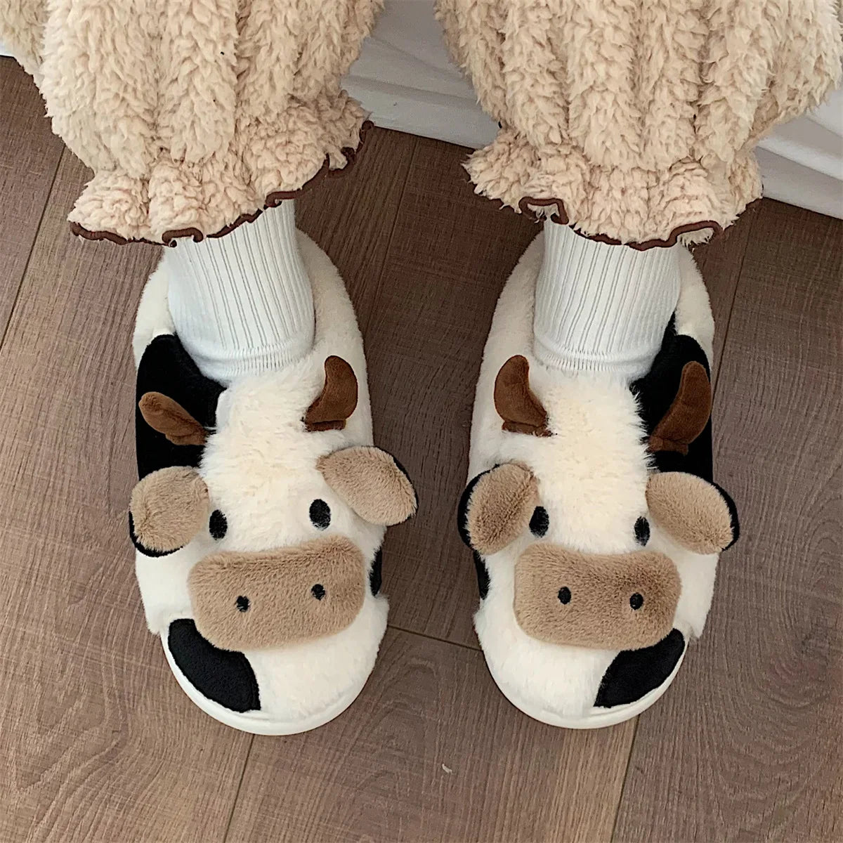 LItfun Fashion Winter Cotton Slippers Women Plush Lining House Slippers Lovely Milk Cow Women Slippers Fluffy Fuzzy Women Slides