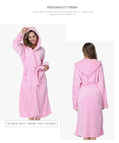 RONGTAI Womens Solid color Hooded Bathrobe Ladies Fleece Plush Warm Long Robes Fleece Nightgown Sleepwear