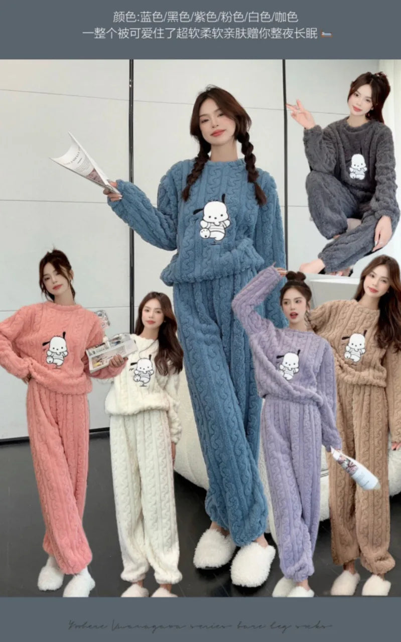 Kawaii Women Pyjamas Sets  Autumn Winter Warm Flannel Thick Homewear Long Sleeve Cartoon Sleepwear Female Pajamas Suit 2 Piece