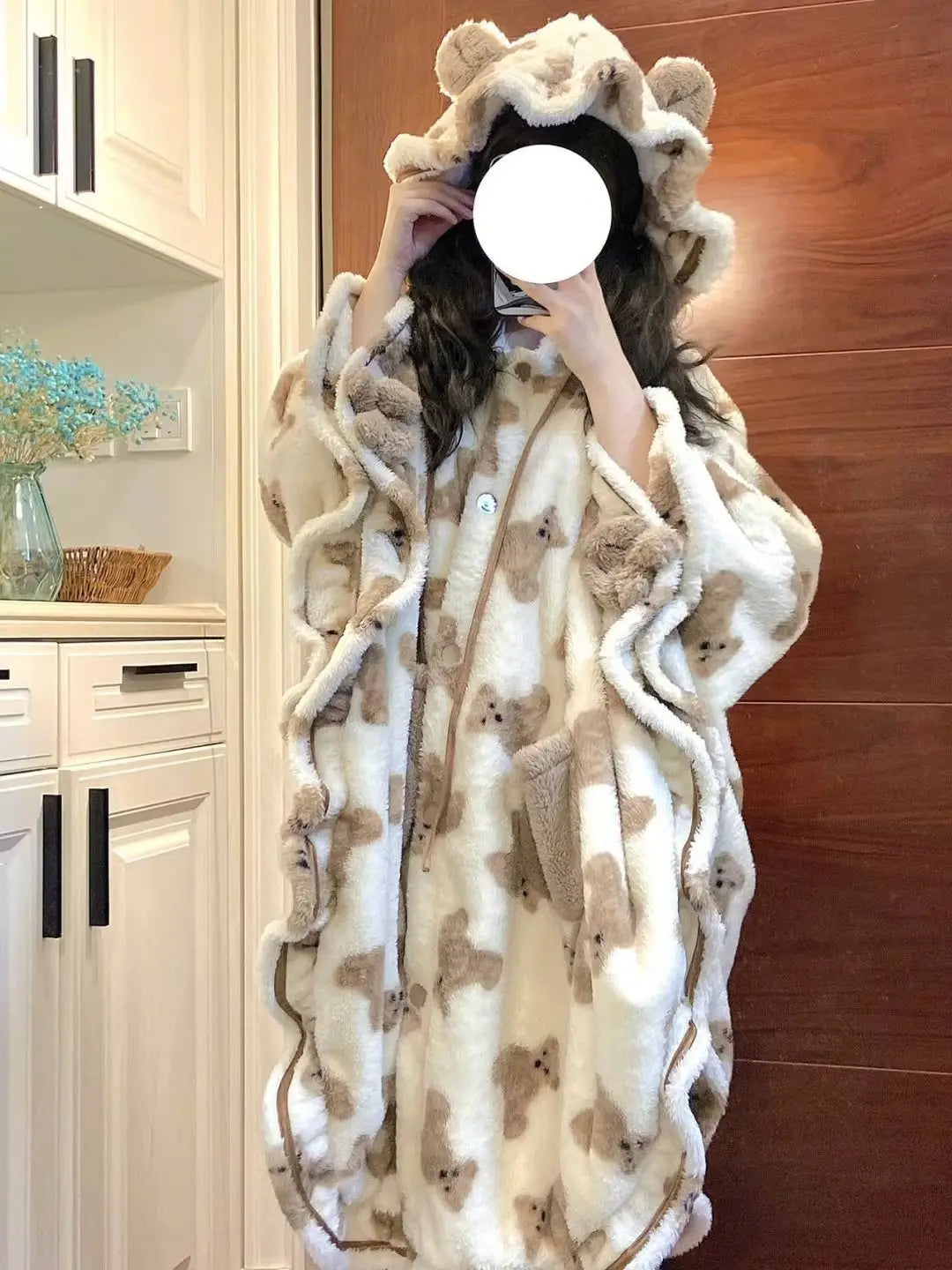 Cute Little Bear Nightrobe Coral Velvet Pajama Women In Winter Plush And Thick Insulation Flannel Hooded Cloak Pajamas Homewear