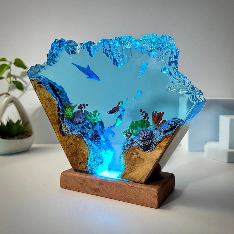 Seabed World Organism Resin Table Light Creactive Art Decoration Lamp Mermaid Dolphin Theme Night Light  USB Charge