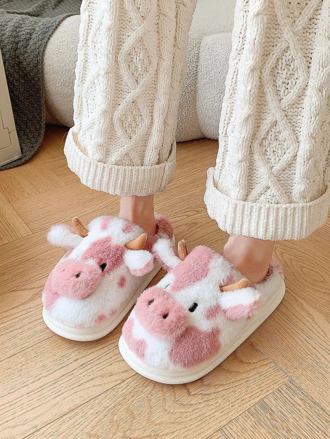 LItfun Fashion Winter Cotton Slippers Women Plush Lining House Slippers Lovely Milk Cow Women Slippers Fluffy Fuzzy Women Slides