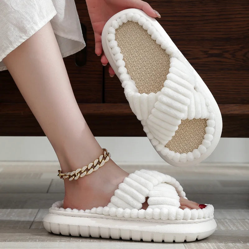 2024 Autumn Winter New Women Home Slippers Open-Toe Cross Band Linen Soled Indoor Slides Linen Soled Non-Slip Bathroom Slippers