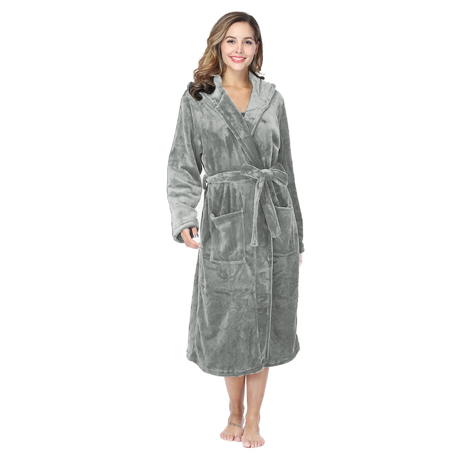 RONGTAI Womens Solid color Hooded Bathrobe Ladies Fleece Plush Warm Long Robes Fleece Nightgown Sleepwear