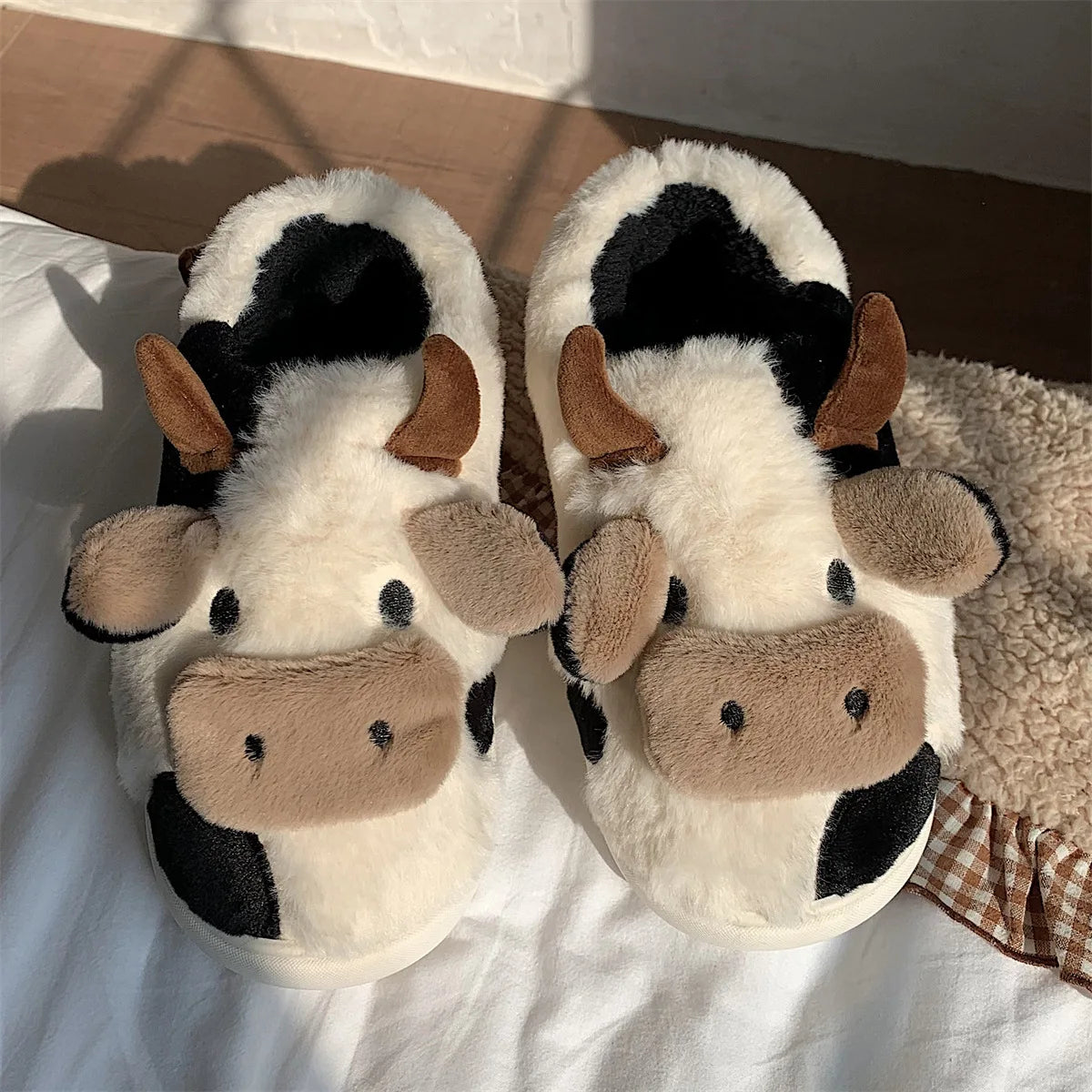 LItfun Fashion Winter Cotton Slippers Women Plush Lining House Slippers Lovely Milk Cow Women Slippers Fluffy Fuzzy Women Slides