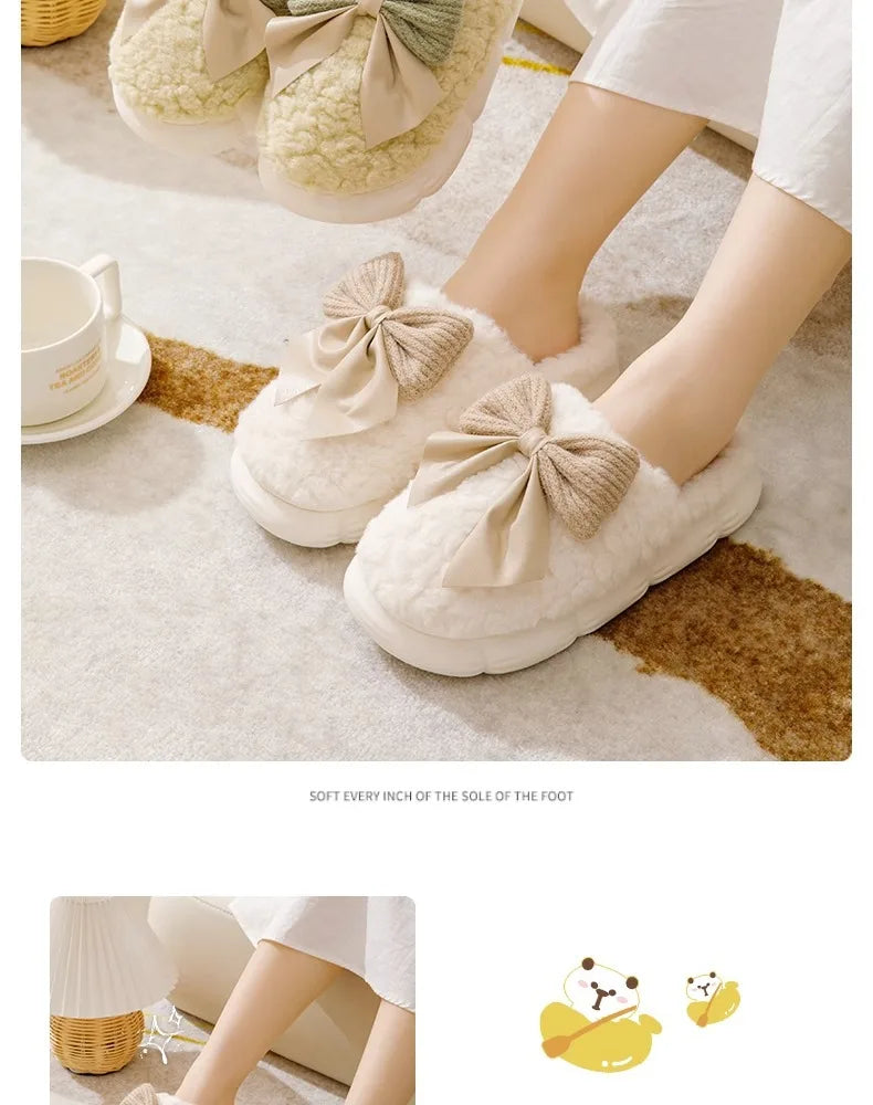 Cotton Bowknot Slippers Ladies Winter indoor Home Warm Fluffy Shoes Comfortable Slippers 3.5CM Thick Sole Antislip