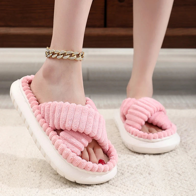 2024 Autumn Winter New Women Home Slippers Open-Toe Cross Band Linen Soled Indoor Slides Linen Soled Non-Slip Bathroom Slippers