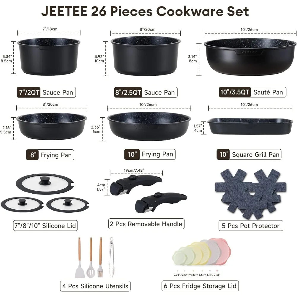 JEETEE Pots and Pans Set Non Stick 26pcs, Cookware Set with Removable Handle, Induction Kitchen Cooking Sets with Detachable