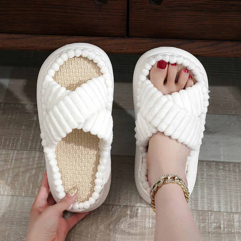 2024 Autumn Winter New Women Home Slippers Open-Toe Cross Band Linen Soled Indoor Slides Linen Soled Non-Slip Bathroom Slippers