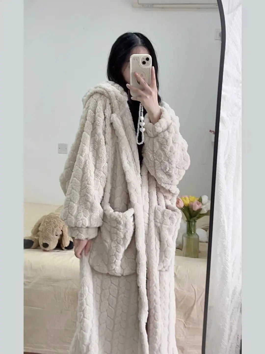 Pocket Robe for Women Sleepwear Winter Nightdress Night Wears Warm Fleece Pajama One Piece Nightgown Hooded Sleeping Homewear