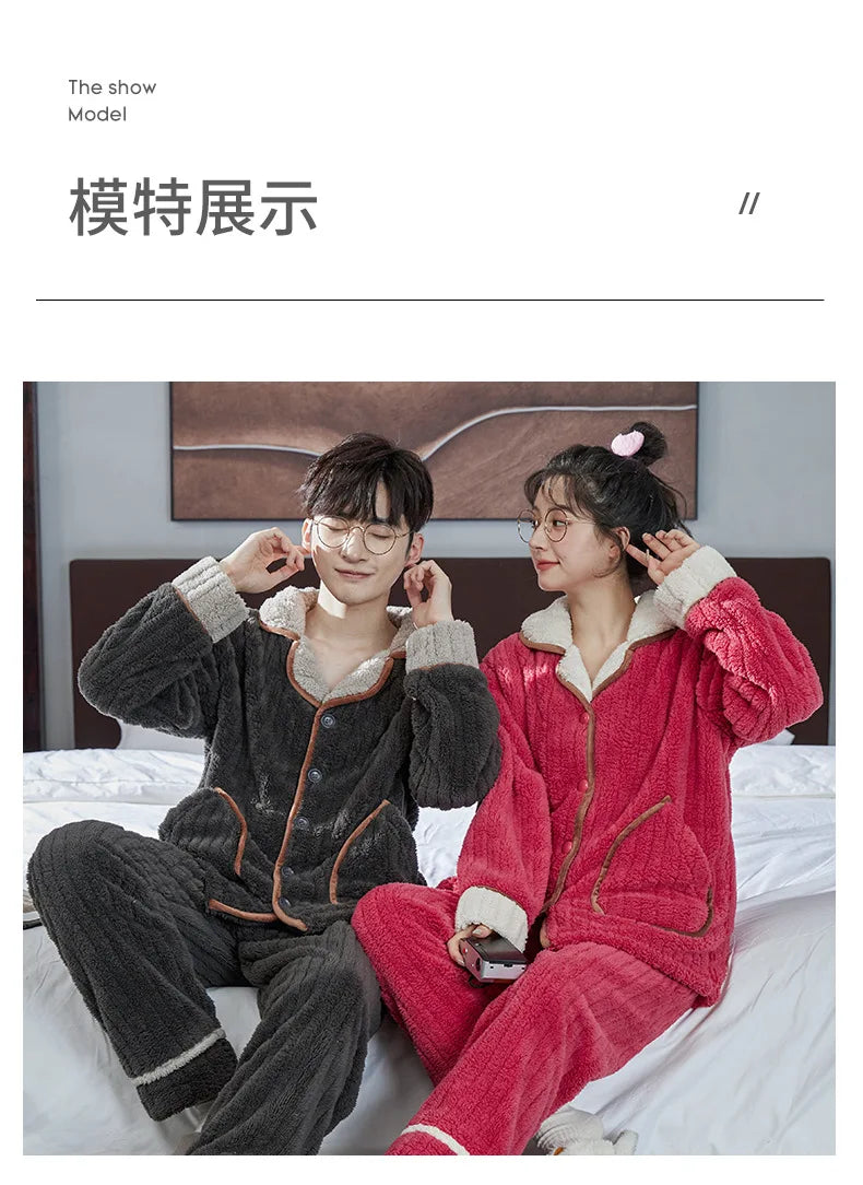 Couple Pajamas Set Autumn Winter Flannel Long Sleeve Zipper Long Plush Sleepwear Suit Men Nightcloth Thick Velvet Thermal Women