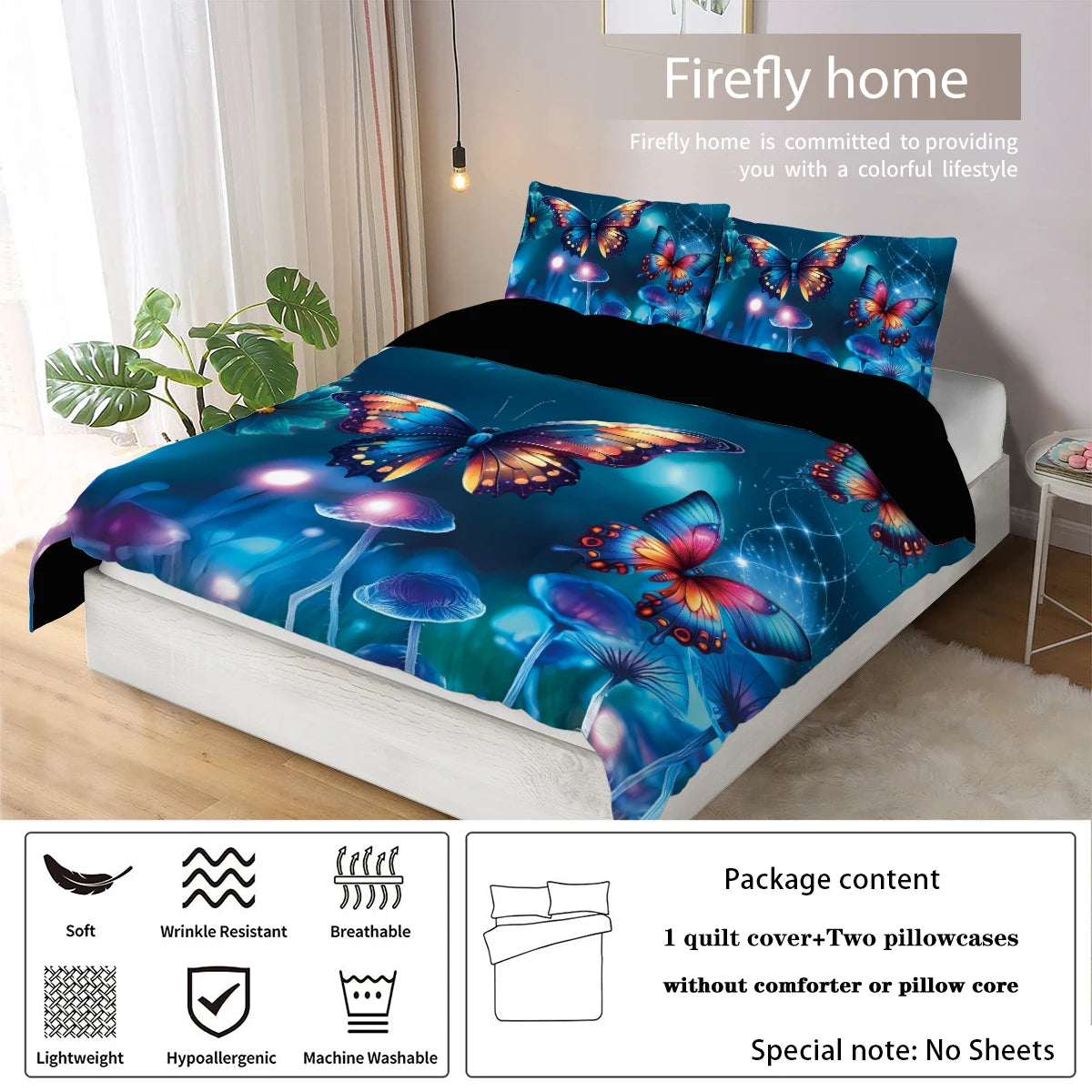 3pcs  Fairy Forest Butterfly Bedding for Bedroom/Guest Room - 1 Duvet Cover + 2 Pillowcases (Core Not Included) ﻿