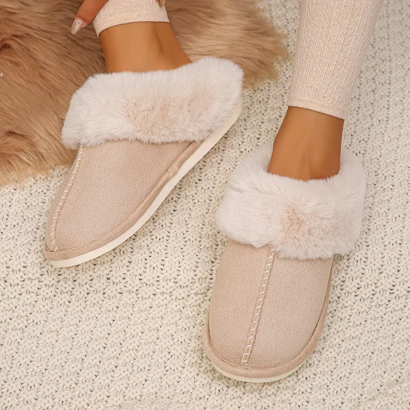 Closed Toe Warm Cotton Slippers Women Faux Fur Thicken Plush Winter Home Shoes Woman Lightweight Casual Indoor Slides Female