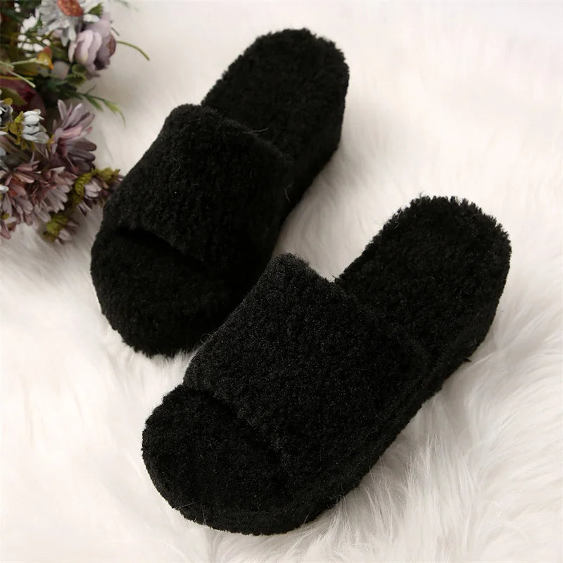 Autumn Winter Wedge Fluffy Slippers Woman 2024 New Home Fur Slippers for Women Chunky Platform Slides Cozy Fuzzy Indoor Shoes