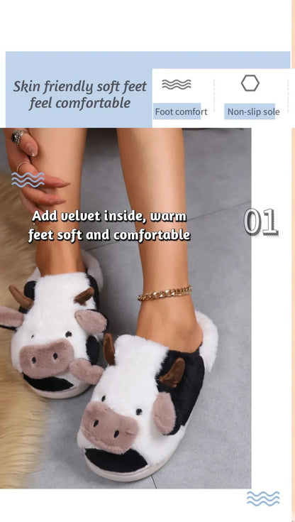 Comwarm Women Winter Cute Plush Cotton Slippers Indoor Warm Non-slip Milk Cow House Slippers Soft Fur Flufy Flat Bedroom Slides