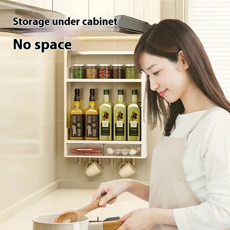 Wall Mounted Kitchen Storage Rack with Drawer Large Capacity Food Spice Oil Seasoner Jars Organizer Box Home Hanging Holder