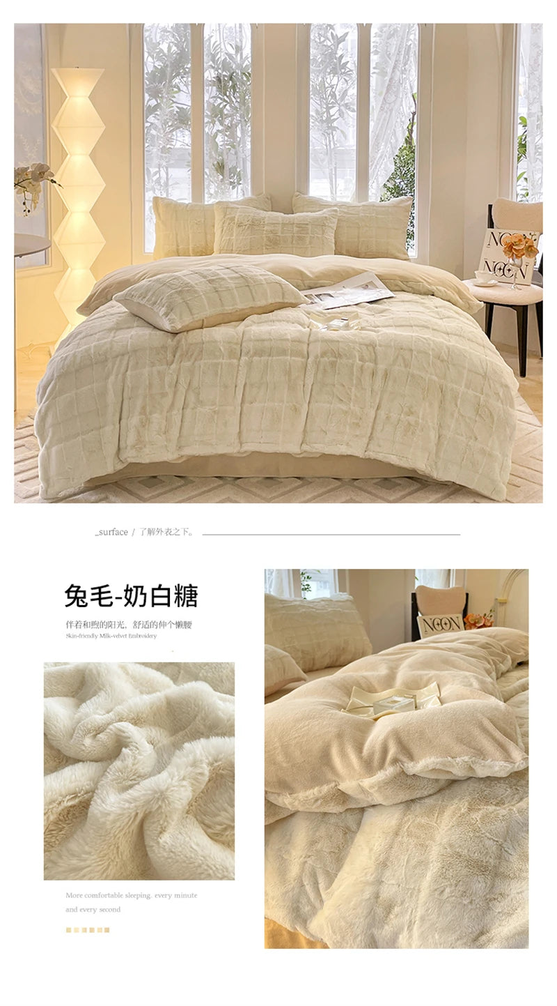 Faux Rabbit Fur Autumn Winter Warm Bedding Set Plush Skin Friendly Breathable Warmth Duvet Cover Set Queen Cozy Quilt Cover Sets