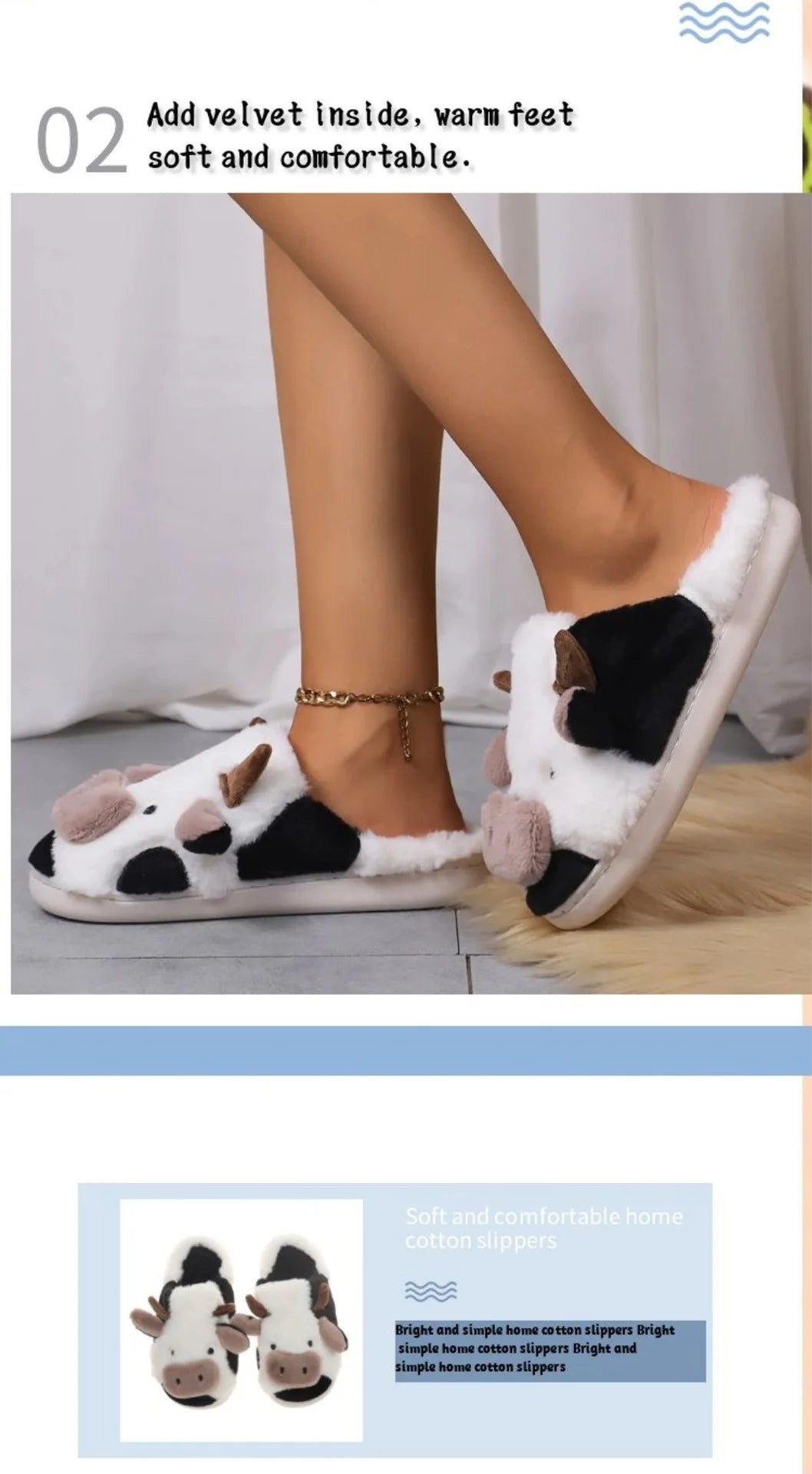 Comwarm Women Winter Cute Plush Cotton Slippers Indoor Warm Non-slip Milk Cow House Slippers Soft Fur Flufy Flat Bedroom Slides