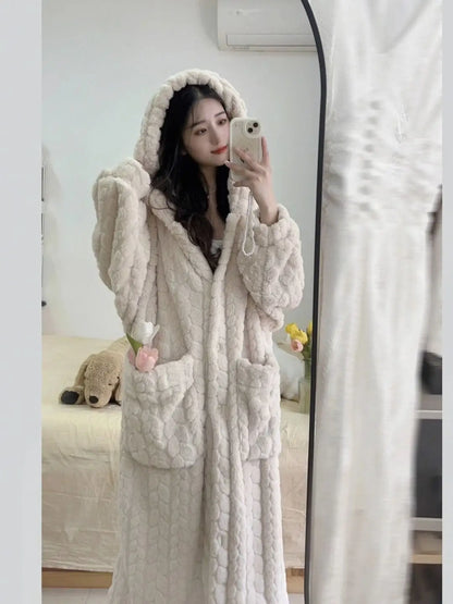 Pocket Robe for Women Sleepwear Winter Nightdress Night Wears Warm Fleece Pajama One Piece Nightgown Hooded Sleeping Homewear