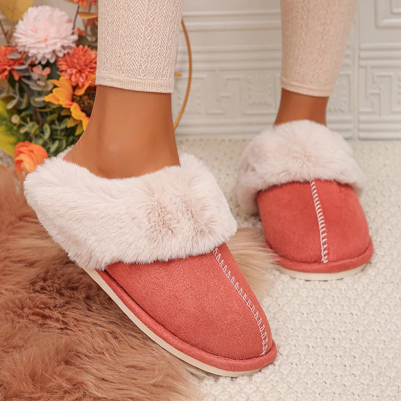 Closed Toe Warm Cotton Slippers Women Faux Fur Thicken Plush Winter Home Shoes Woman Lightweight Casual Indoor Slides Female